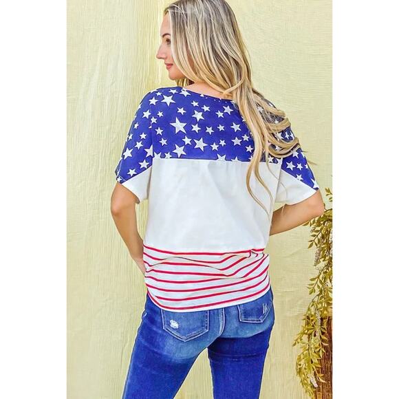 And The Why American Flag Print Tie Knot Front Detail Short Sleeves Casual Top - Picture 3 of 8
